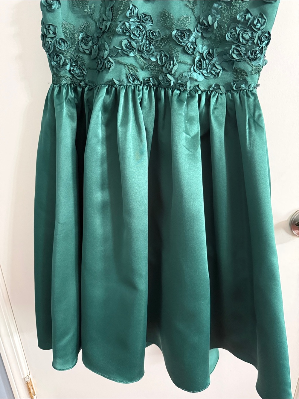 Bonnie Jean Emerald Green Ruffle Floral Satin Dress - Picture 7 of 13